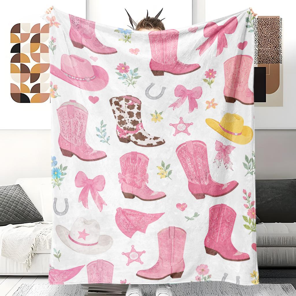 Blanket 1pc Pink Cowboy Elements Winter Flannel Blanket Featuring Soft High-Definition Digital Printing; a Modern-Style Small Thro