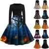 Women's Fashion Round Neck Casual Slim Fit Halloween Printed Long Sleeve Dress