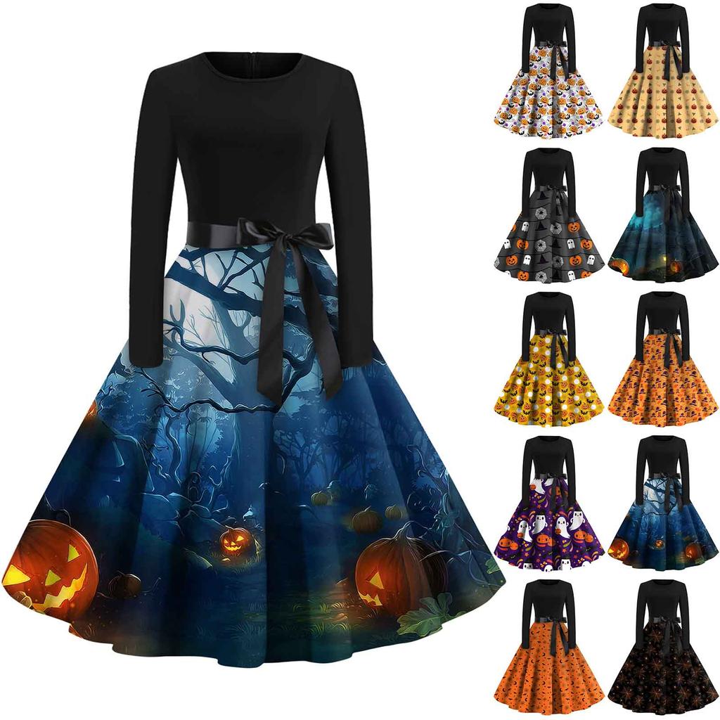 Women's Fashion Round Neck Casual Slim Fit Halloween Printed Long Sleeve Dress