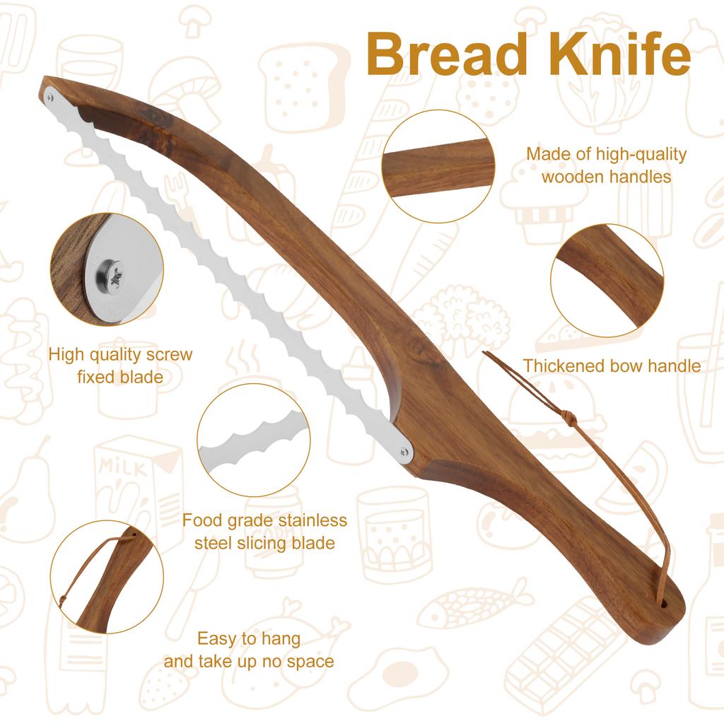 Wooden Bread Bow Knife Serrated Bread Bow Cutter Stainless Steel Sourdough Bread Knife Professional Bread Knife Cake Cutting