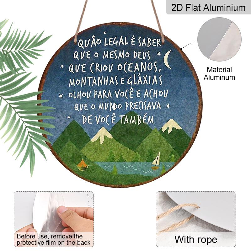 2D Flat, 1pc 7.87x7.87 Inch Round Portuguese Aluminum Sign - "God Created" Inspirational Quote, Vintage Decorative Sign with Serene Landscape Design