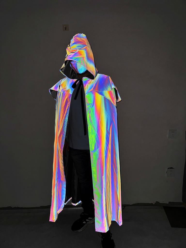 2025 Яркий Светоотражающий Плащ с Капюшоном Техwear Стиль Хип-Хоп Тренч Костюм для Косплея на Хэллоуин Отражает Свет Длинная Накидка