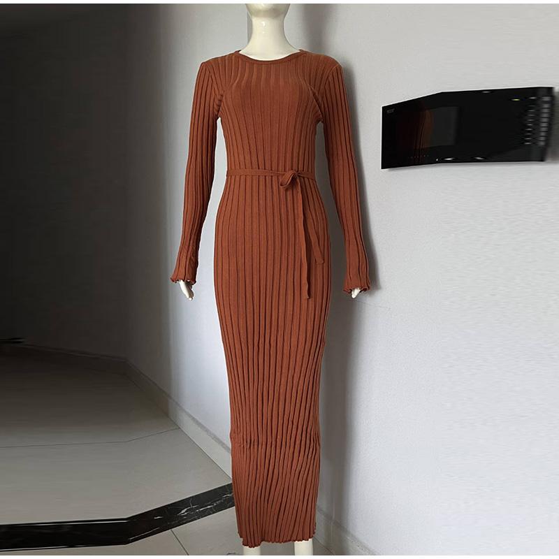 Женские элегантные ребристые трикотажные платья макси с длинным рукавом, облегающее длинное платье-карандаш с завязками на талии, винтажный халат