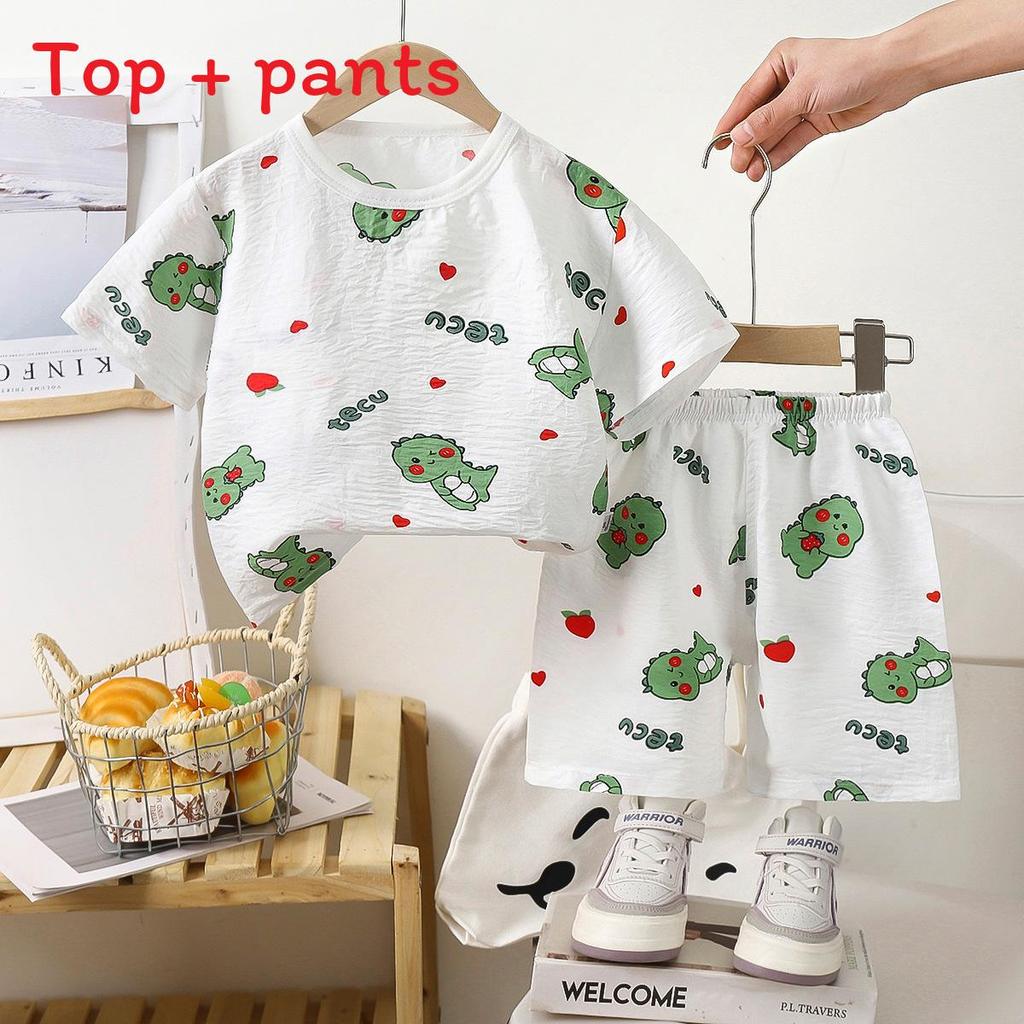 Summer Dinosaur Cartoon Boys Girls Short Sleeve Shorts Set With Soft Cotton For Toddler Play