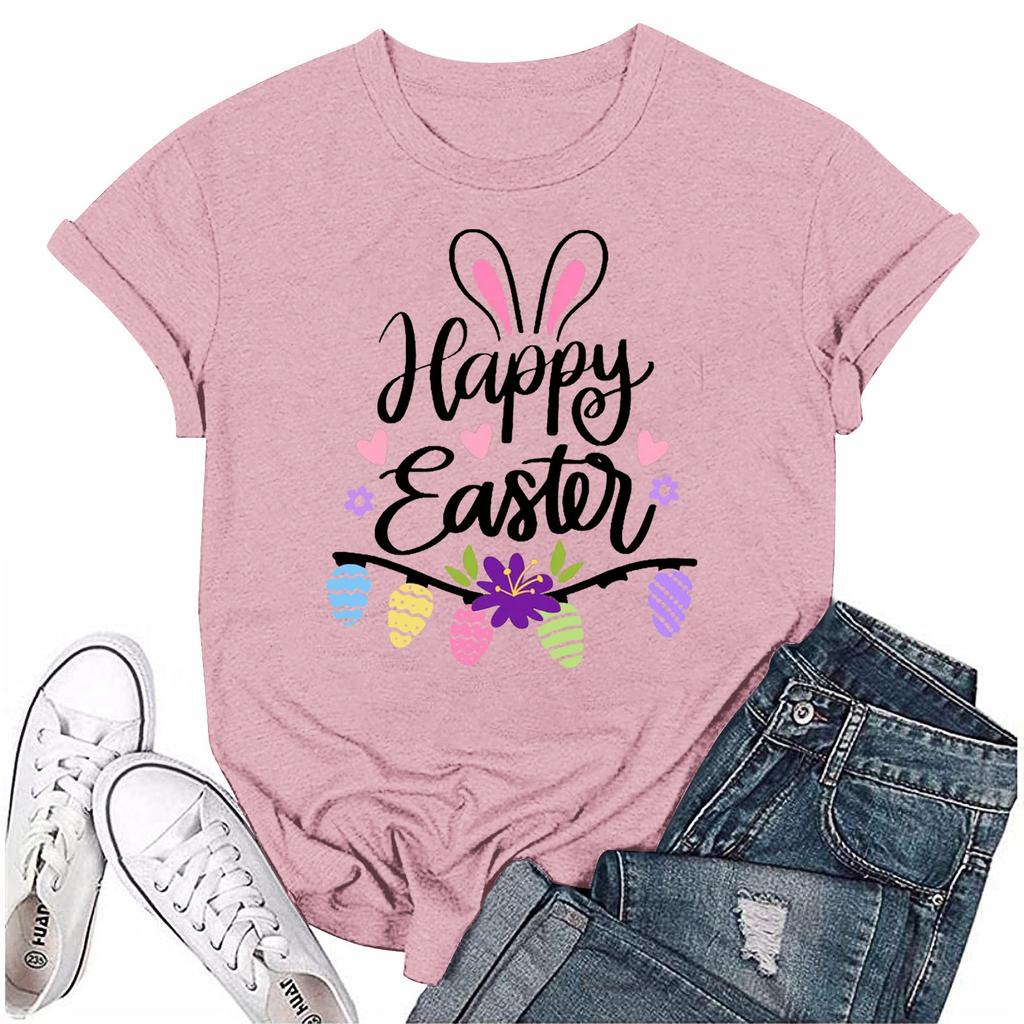 Женская модная пасхальная принтованная повседневная плиссированная круглая футболка с коротким рукавом