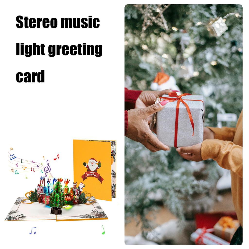 Рождественская 3D-музыкальная поздравительная открытка с огнями, праздничная открытка-сюрприз с конвертом, складная открытка