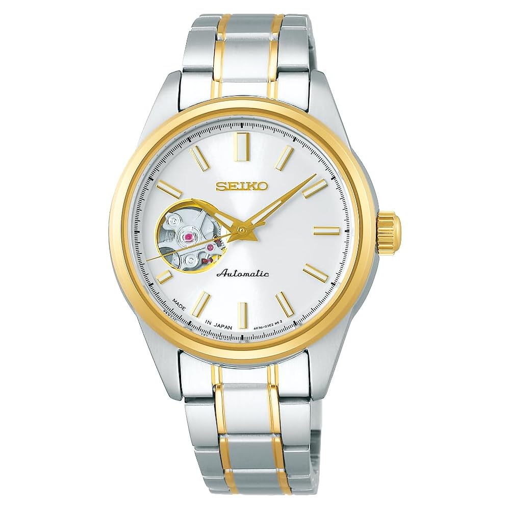 Seiko Selection SSDE008 Женские механические автоматические часы 'Открытое сердце' Серебристый Желтое золото Нержавеющая сталь Белый циферблат