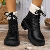 European and American Thick Soled Woolen Women's Boots 2024 Autumn and Winter New Mid Low Body Front Lace Up Warm Cotton Boots