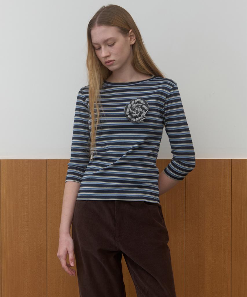 MA JOURNEE Stripe 3/4 Sleeve T-Shirt_Navy/Blue