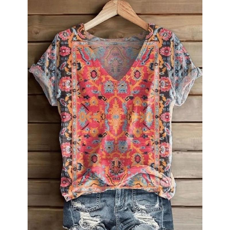 Women's T Shirt Print Graphic Paisley Vintage Stylish Classic Short Sleeve V Neck Regular Tops Daily Summer Spring