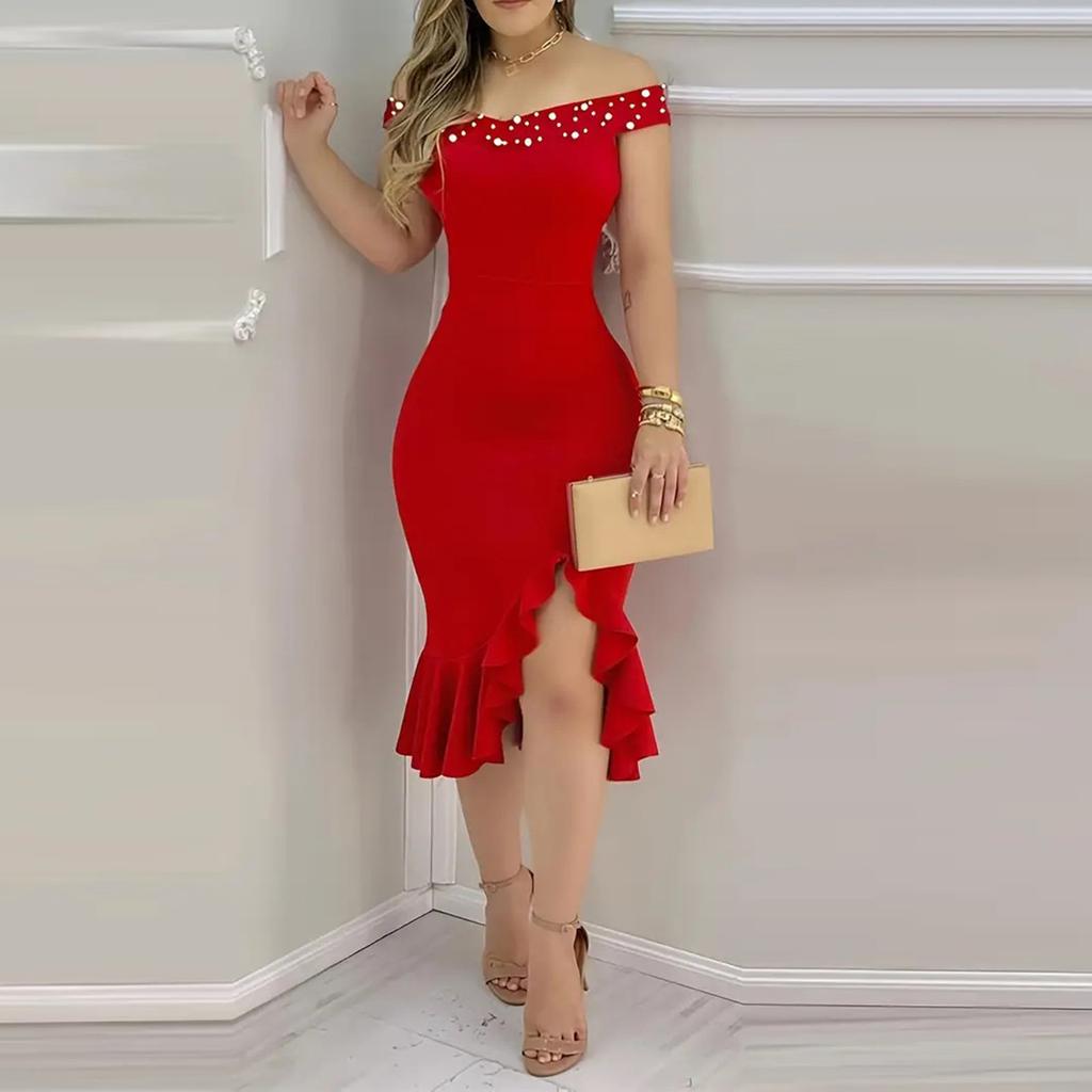 Women's Fashion Tight Pack Hip One Shoulder Ruffle Solid Colour Dresses