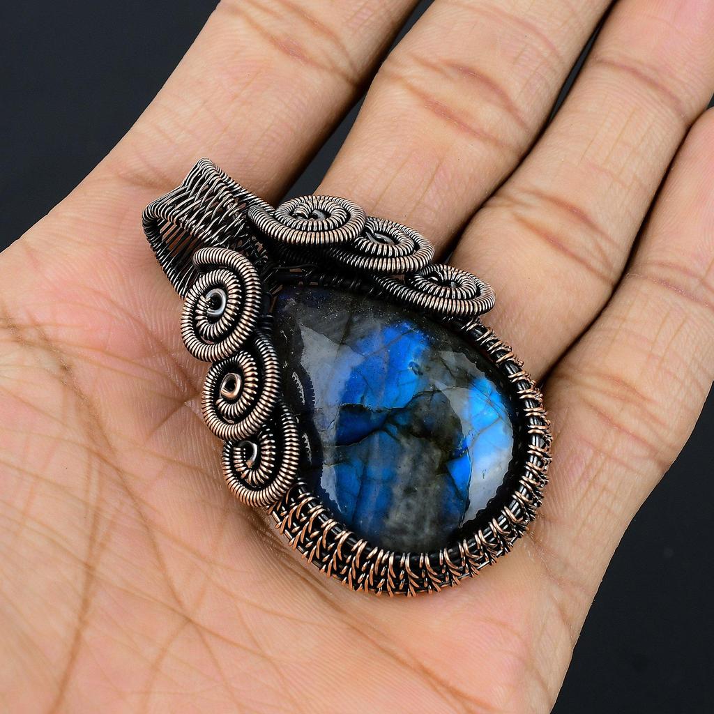 Подвеска ручной работы из лабрадорита с голубым отблеском, украшения из натуральных драгоценных камней, подвеска, обернутая медной проволокой 999 пробы, для подарка