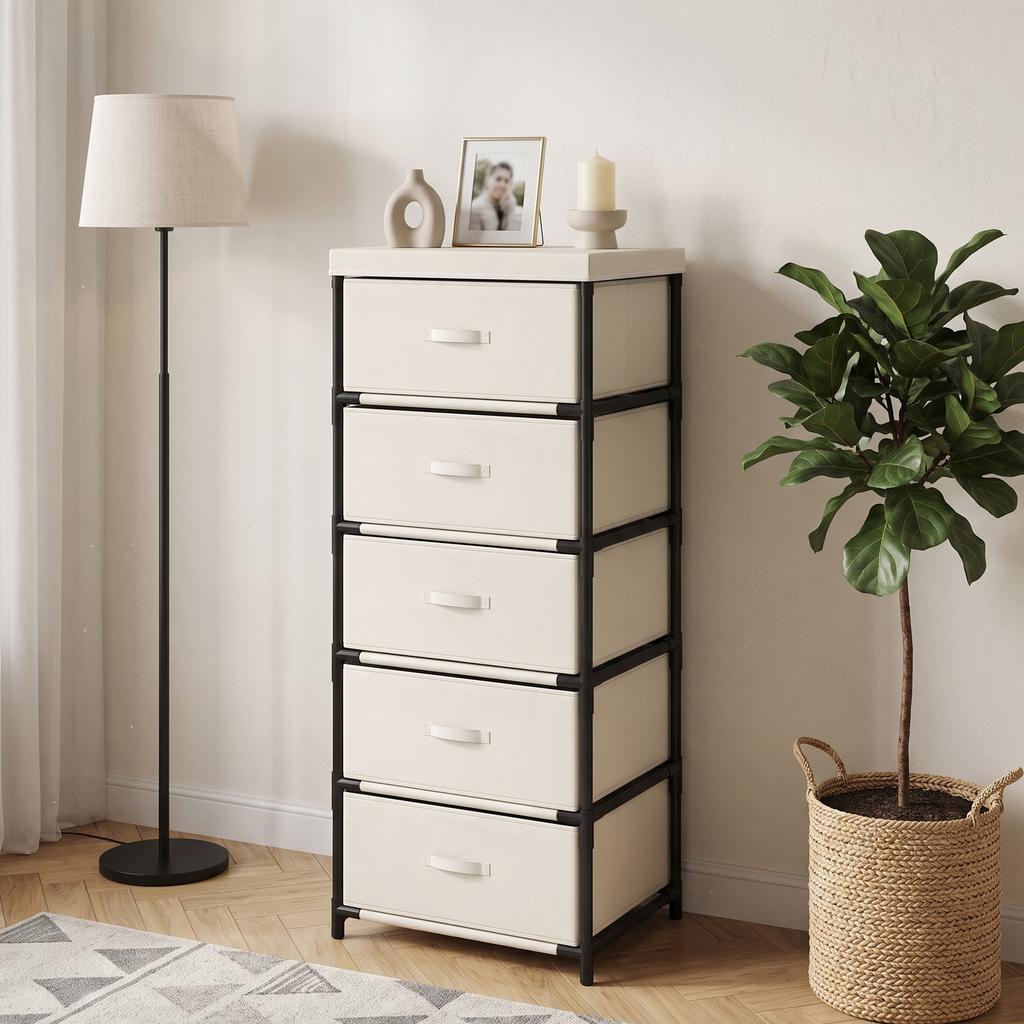 Bedroom Dresser With 5 Fabric Drawers Steel Frame Chest Of Drawers For Living Room Office Wardrobe Beige