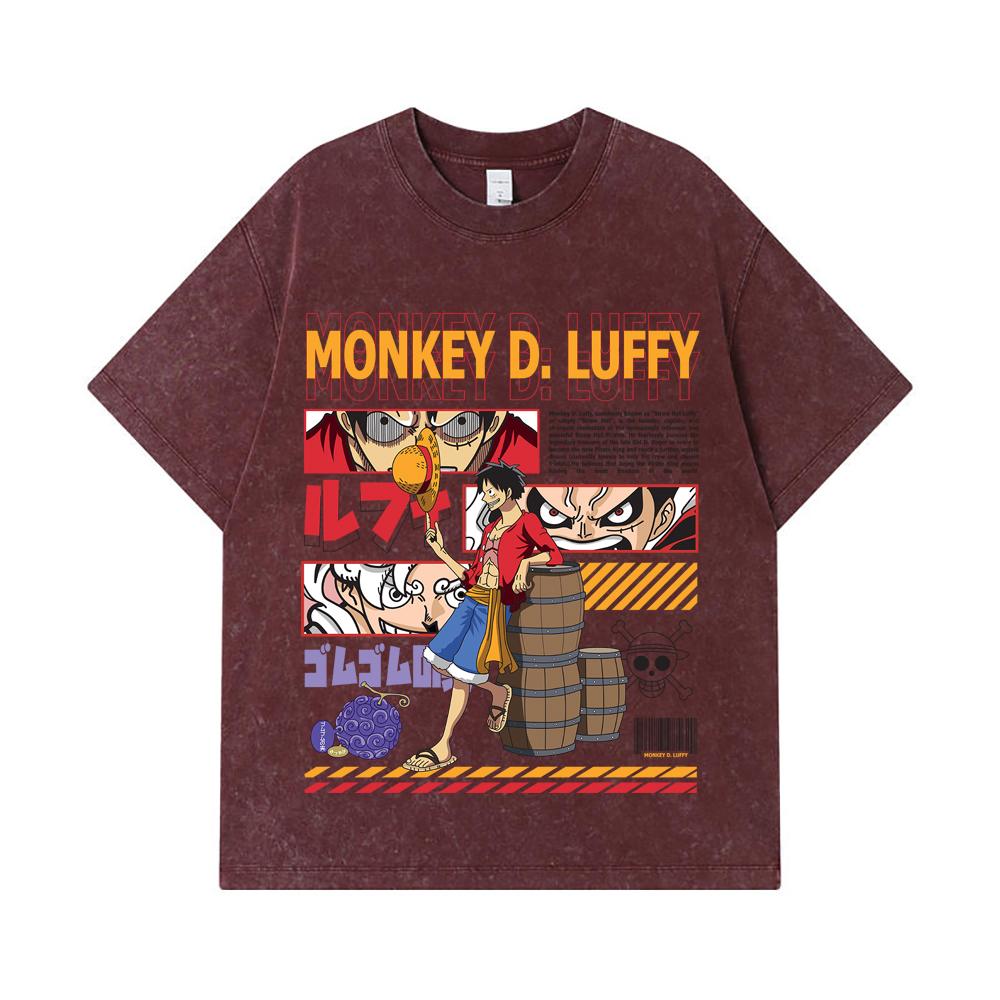 275 GSM Washed T-shirts 100% Cotton One Piece V27 Luffy Print Unisex Heavy Cotton T Shirt