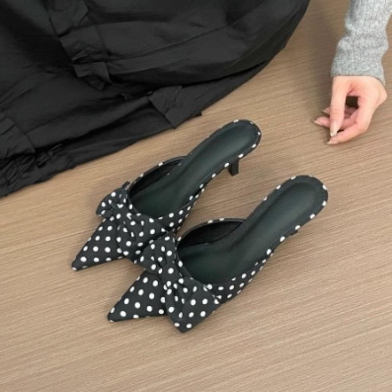 Мода 2025 Вирусные Мюли-шлепанцы с острым носком, на тонком каблуке, с бантом, без задника, женские мюли на блочном каблуке, ленивые полуслайды