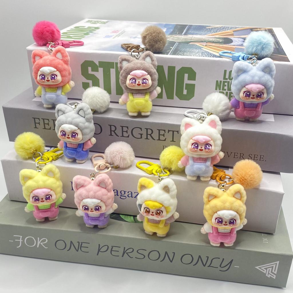 Flocked Handwave Cat Keyring With Cute Plush Finish For Bag And Keys