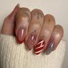 24 Pieces French Red Candy Striped Nail Art Christmas Silver Glitter Wear Nail Short Almond Fake Nail Pieces