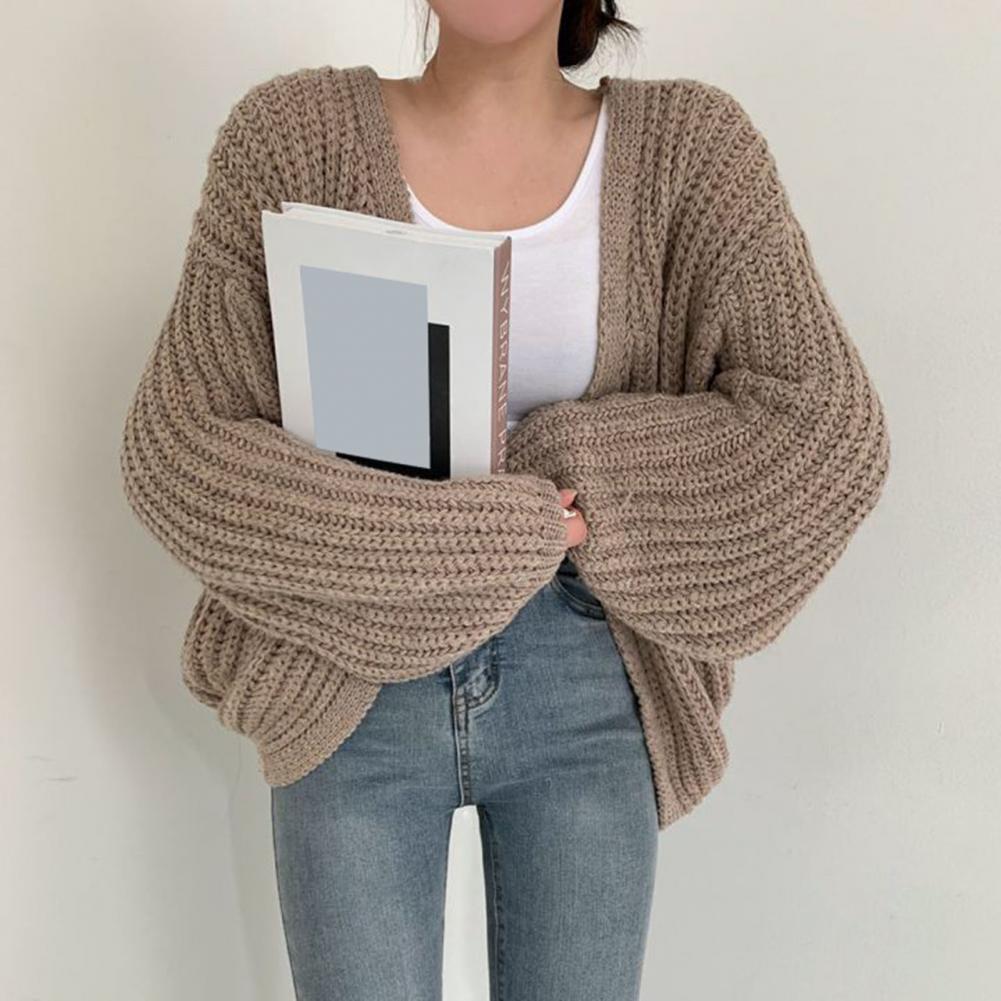 Повседневный свитер-пальто, стильный женский свитер с V-образным вырезом и рукавами-фонариками, повседневный трикотаж для повседневной носки, однотонная шерсть