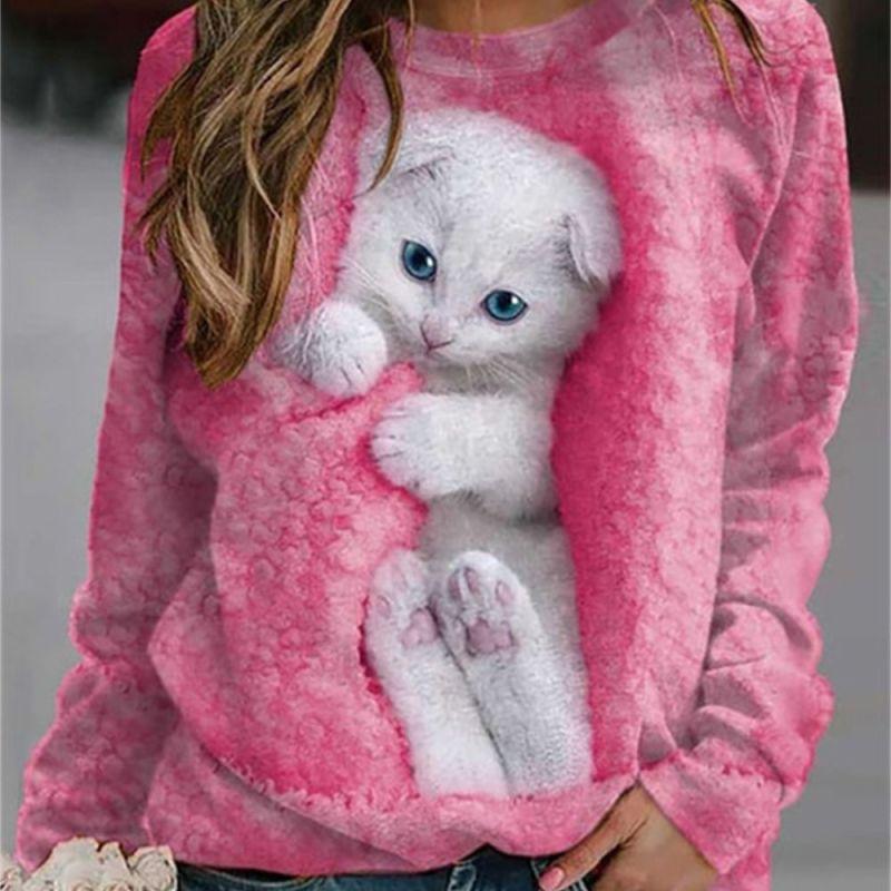Летняя женская футболка, модная Свободная футболка с 3D принтом Kawaii и котенком, свободная футболка с длинными рукавами и круглым вырезом для девочек, топ, повседневный пуловер