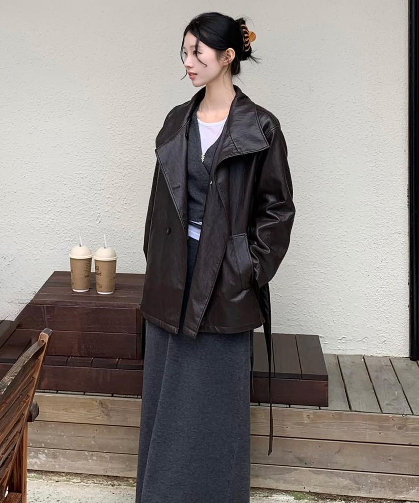 YUPPE High-Neck Leather Jacket_Brown