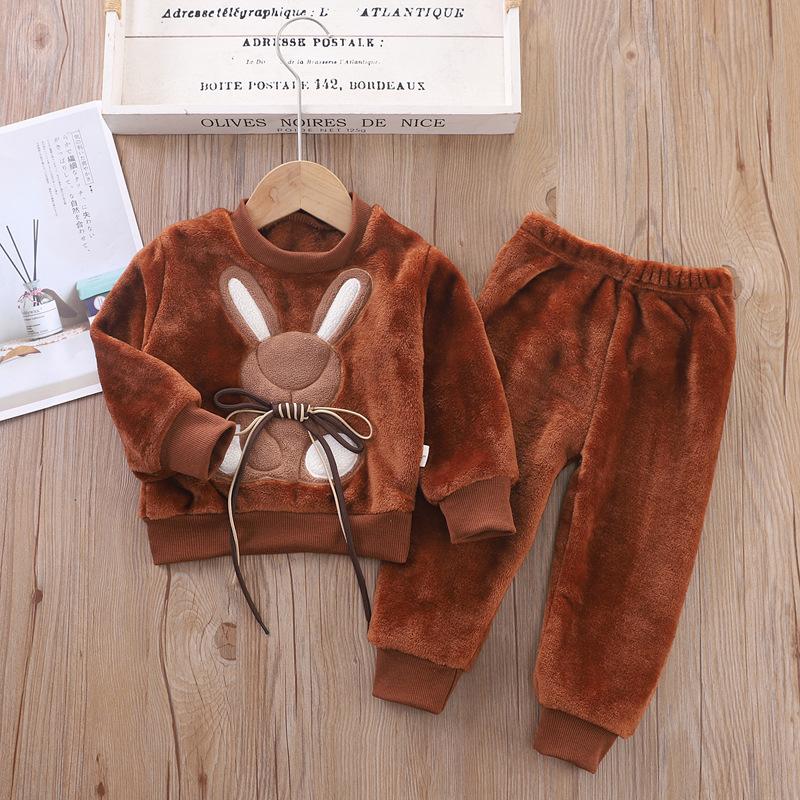 Children's Autumn and Winter Pajamas with Cartoon Bear Flannel Set of Home Clothes