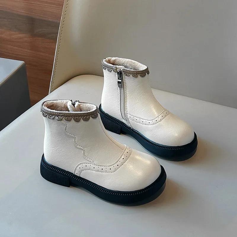 Ботинки для девочек, зимние, черные, бежевые, универсальные, принцесса, ботильоны, милые, с оборками, универсальные, детские, модные, повседневные, хлопковые ботинки