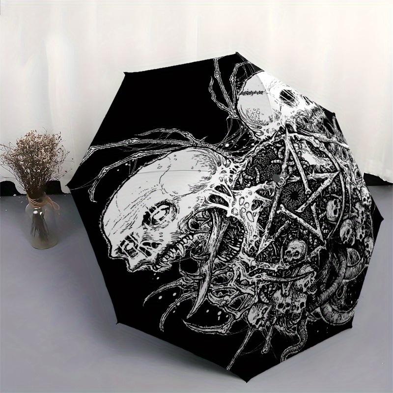 "Dark Gothic Skulls & Pentagram Button Pin" Umbrella, Cute Umbrella with Cute Design, Portable 3-Fold Compact Umbrella for Men & Women, Valentine's Da