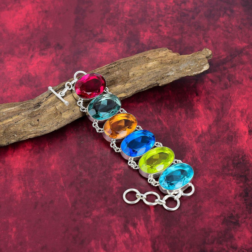 Multi Color 925 Solid Sterling Silver Bracelet With Adjustable Chain, Handmade Gemstone Bracelet Jewelry, Gifts For Wife Brand New Bracelet