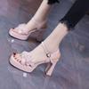 Fairy Wind Platform Flower High-heeled Sandals 2025 Summer Comfortable and Not Tired Feet Naked Pink Waterproof Table Thick Heel One-word Buckle