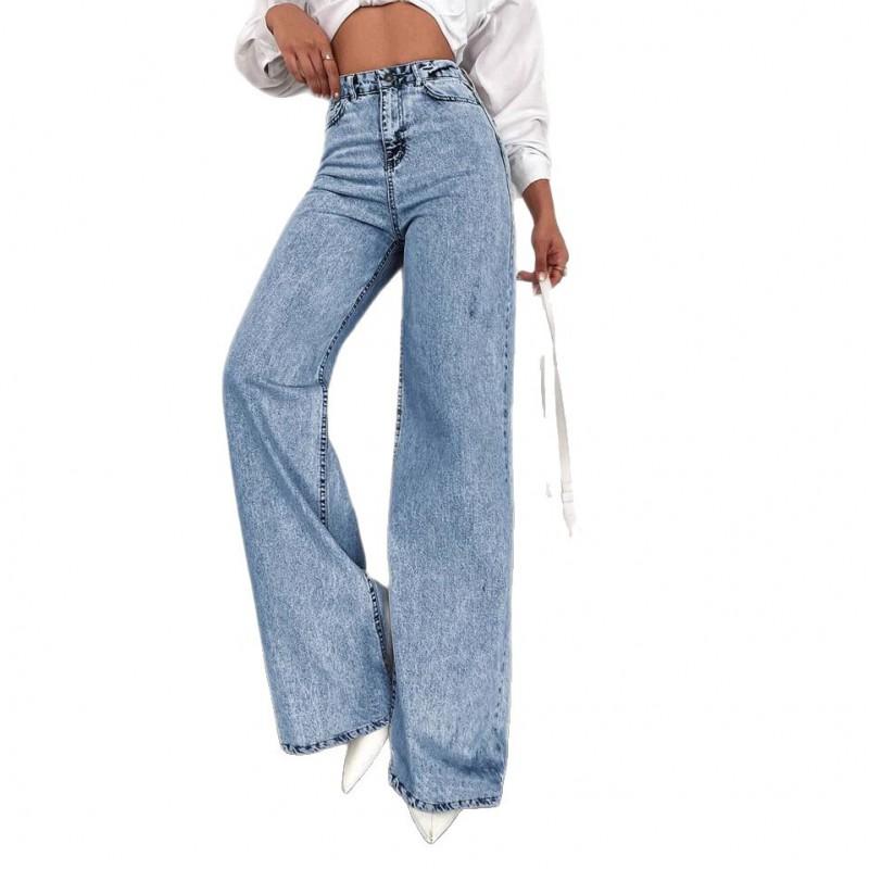 Womens Wide Leg Straight Cut Denim Pants Loose Fit Cropped High Waist Casual Streetwear Jeans