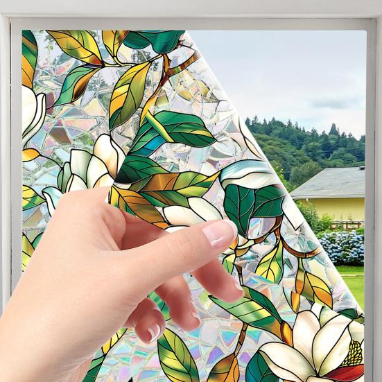 Flower Window Privacy Film Double-sided Stained Glass Rainbow Window Film Sun Blocking Static Covering Cling Sticker PVC Window Door Decorative