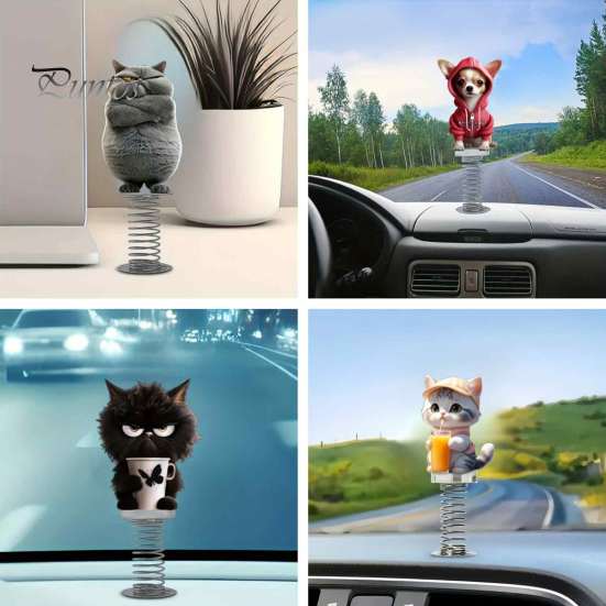 Durable Acrylic Car Ornament Gifts Cute Cat/Dog Dashboard Ornaments, 2D Flat Decorations Spring Swaying Ornaments with Self Adhesive Swing Base