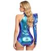 Women Metallic Shiny Bodysuit Dramatic Puff Sleeve Long Sleeve One Shoulder Mock Neck Asymmetrical Leotard
