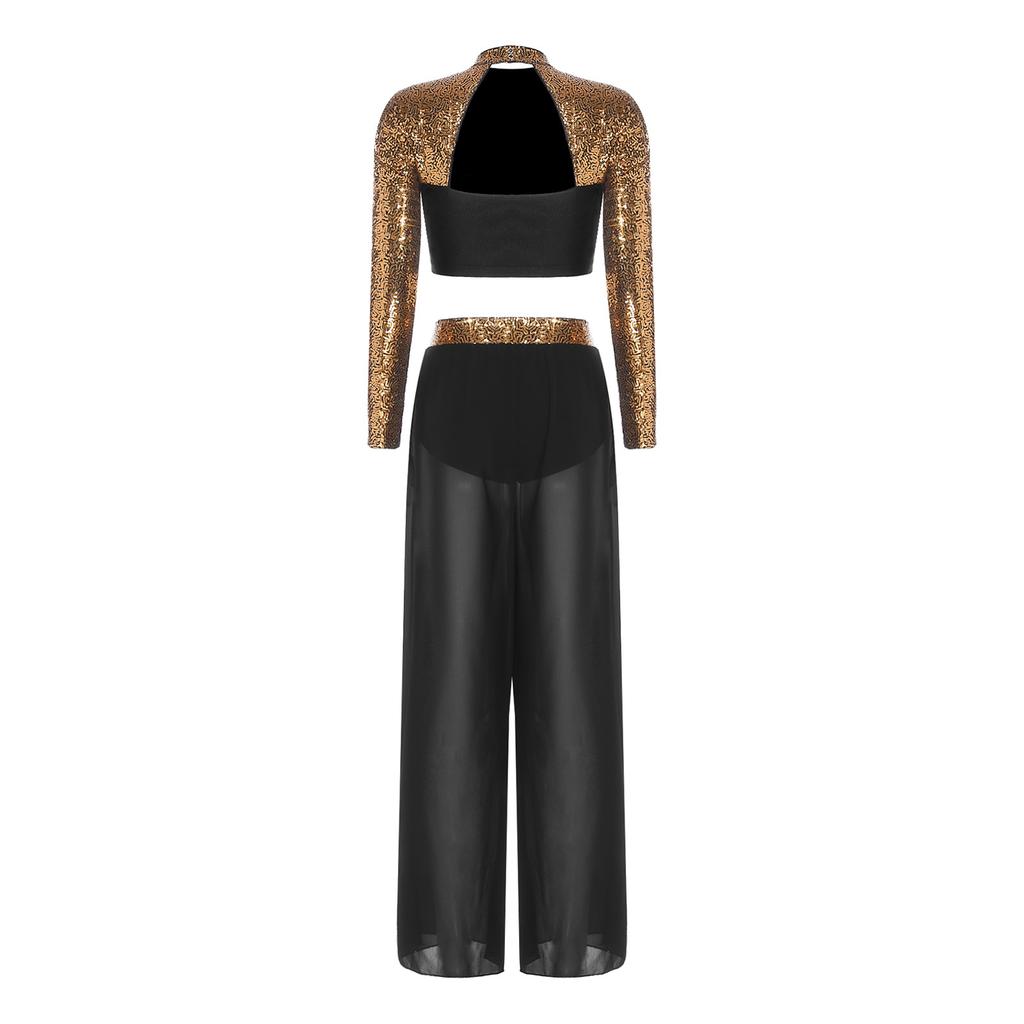 Двухкомпонентный сценический танцевальный наряд для женщин S-XXL: Топ с пайетками и воротником-стойкой и струящиеся брюки с разрезами по бокам, идеально подходят для соревнований