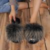 Summer Women Fur Slippers Woman Fluffy Raccoon Fox Fur Slides Female Furry Outside Flat Flip Flop Ladies Rainbow Slip On Sandals