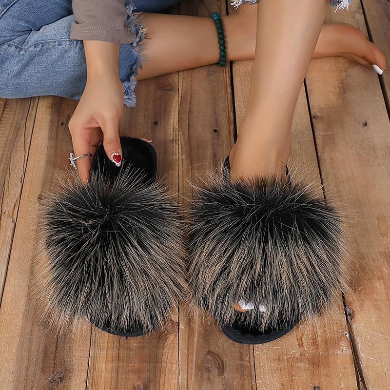 Summer Women Fur Slippers Woman Fluffy Raccoon Fox Fur Slides Female Furry Outside Flat Flip Flop Ladies Rainbow Slip On Sandals