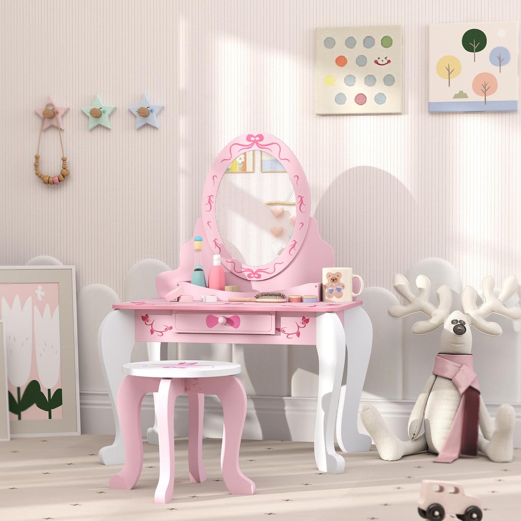 Kids Dressing Table Set Vanity Table With Stool Mirror Drawer Desktop Storage Ballet Theme Pink