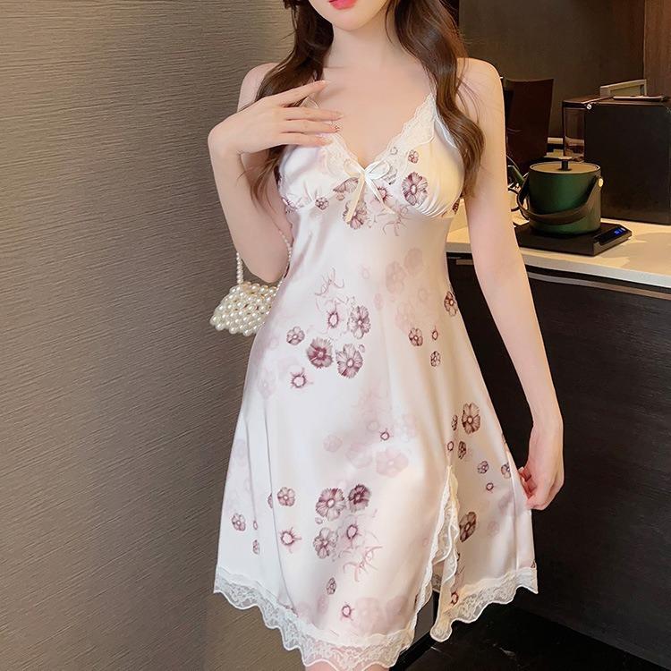 Женская летняя новая сексуальная ночная рубашка из ледяного шелка с принтом, платье-комбинация на бретельках, с разрезом, пижама чистого желания с чашечками, одежда для дома