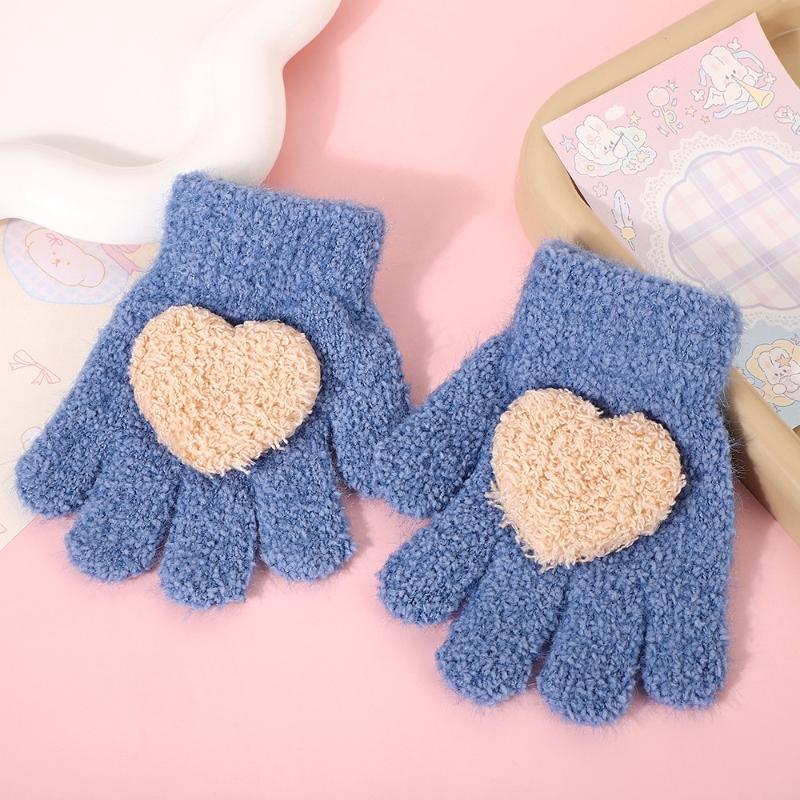 Winter Coral Fleece Gloves for Girl Cute Heart Thicken Plush Warm Full Finger Mittens Kids Windproof Anti-Cold Gloves