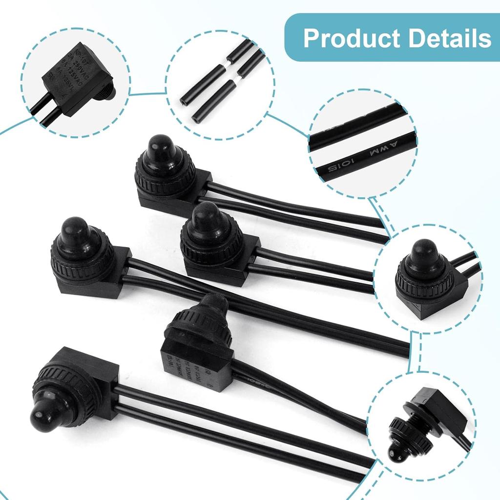 Waterproof Push Button Switch 12V ON/Off SPST Switch with 4.5''Lines KP-107 for Motorcycle Car Boat Bathroom Fan (2 Pack)