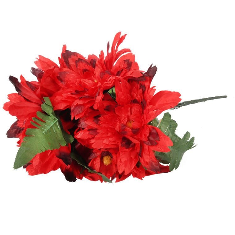 A bouquet of artificial flowers: 7 dahlias with red fern leaves
