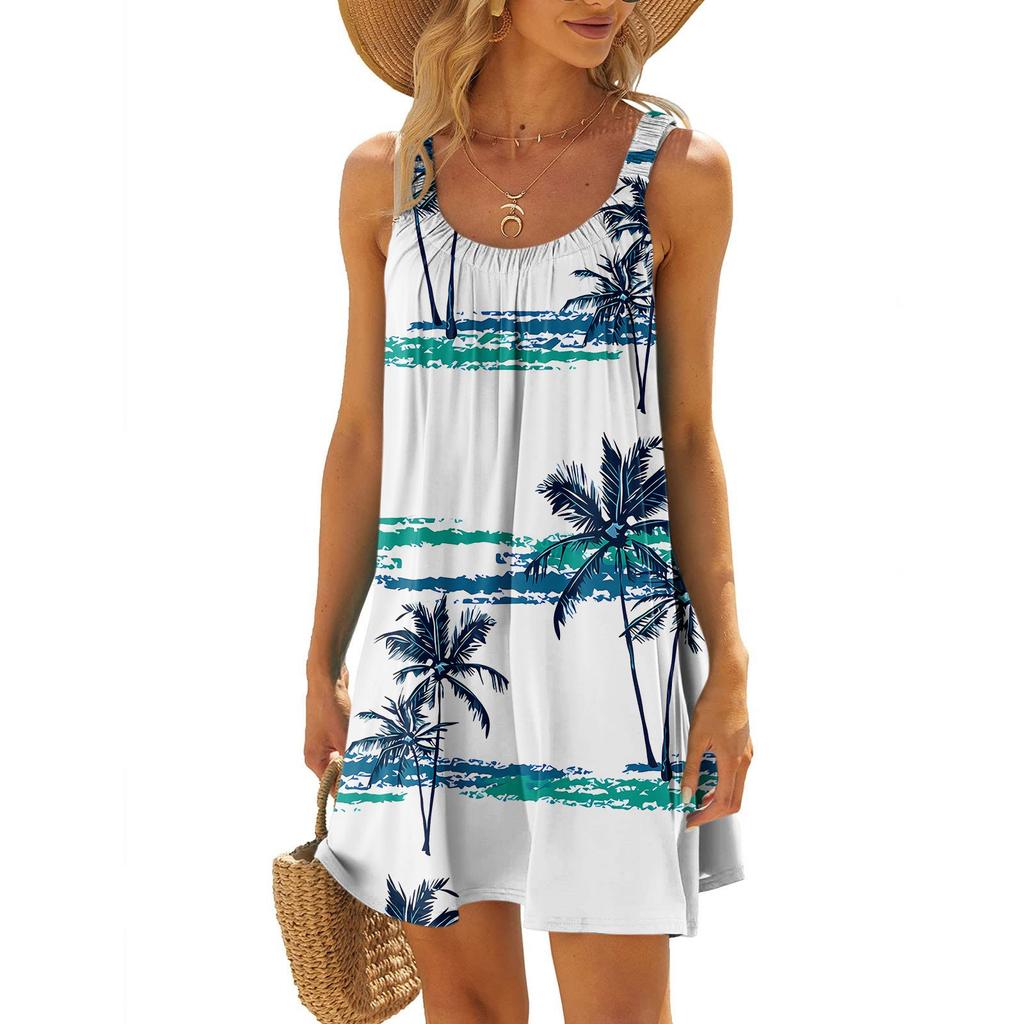Women's Fashion Summer Beach Casual Print Sleeveless Cute Sling Dress
