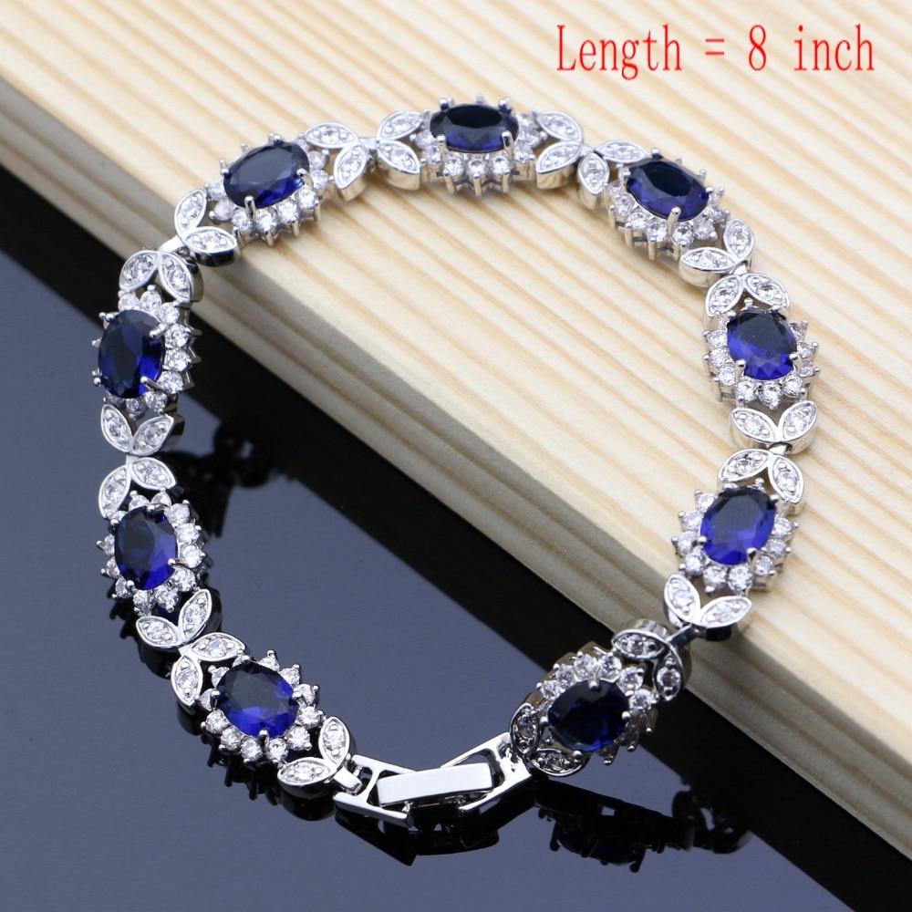 Серебристый ювелирный комплект с синими кристаллами: браслет + ожерелье + серьги + кольцо