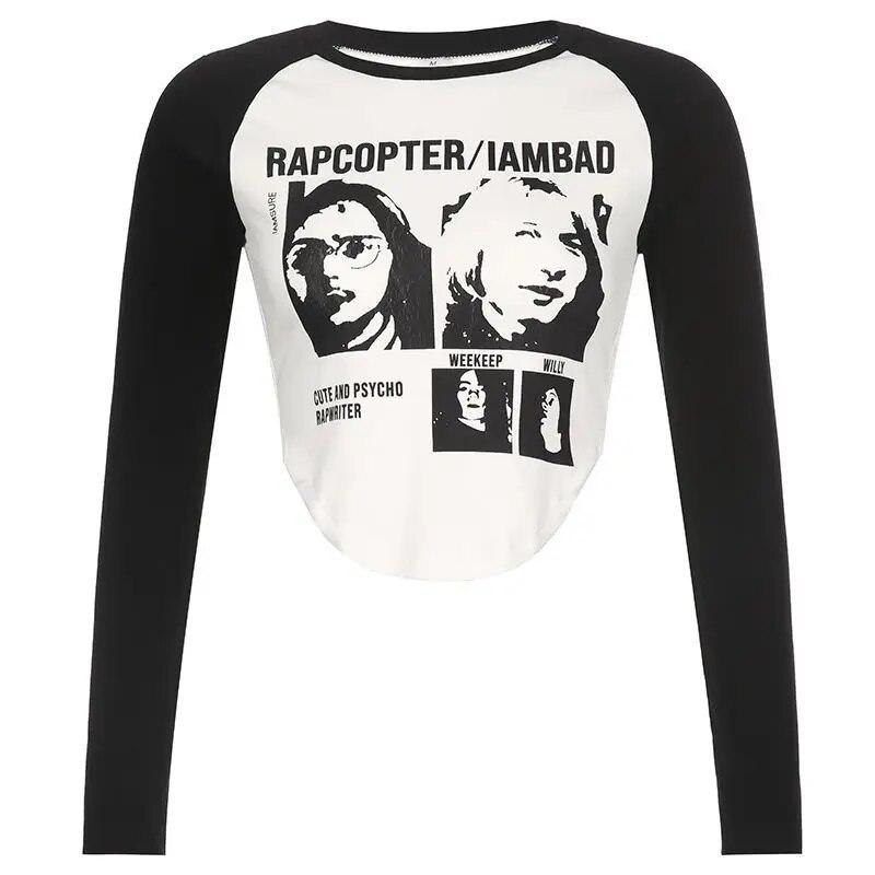 Одежда Y2k, черно-белый узор, портретный принт, U-образный подол, рукава реглан, футболка с длинными рукавами, весенне-осенняя женская одежда