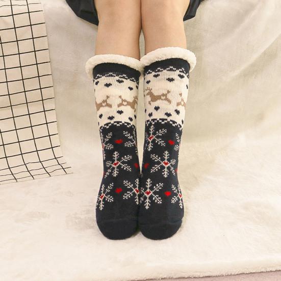 1 Pair Winter Floor Socks Thickened Fuzzy Plush Warmth Retention Christmas Elk Snowflake Print Leg Warmer Silicone Bottom Fall Winter Floor Socks