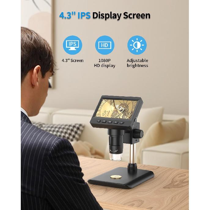 Digital Microscope 4.3" HD LCD Screen, Coin Magnifier 1-1000X Zoom, Stereo Camera with 8 Adjustable LED Lights, PC View, Compatible with MacOS