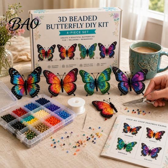 Beaded Animal Figurines 3D Butterfly Craft Kit, Tiny DIY Handmade Art Set Kit with Instruction, Cute 4-Pack Butterflies Beadwork for Beginners,