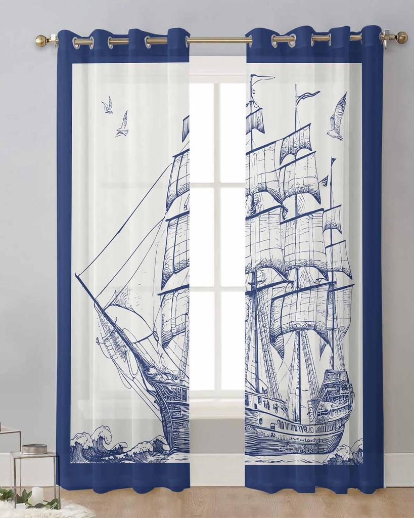 Винтажный парусник Чайка Прозрачные шторы для украшения гостиной Оконные шторы для кухни Тюлевые шторы из вуали и органзы