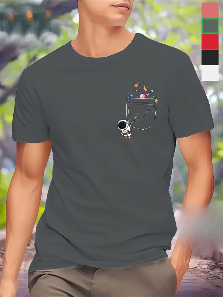 Unisex Casual Crew Neck TShirt with Whimsical Pocket Astronaut Print Short Sleeve Regular Fit Sports Style Perfect for Spring