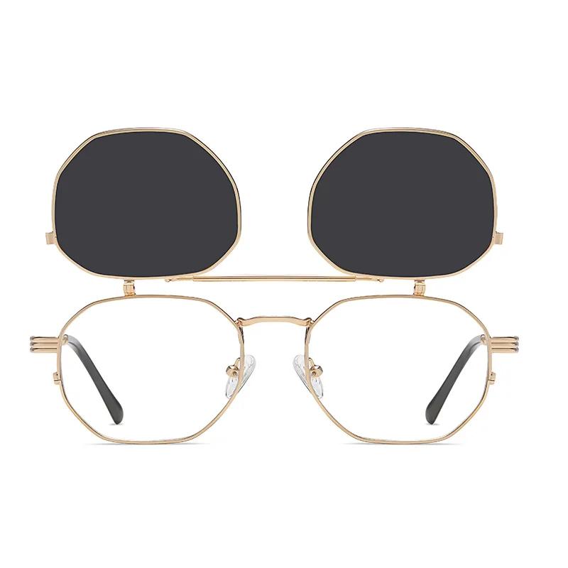 Vintage Steampunk Flip Pilot Sunglasses Retro Polygon Metal Sun Glasses For Men And Women Brand Designer Circle